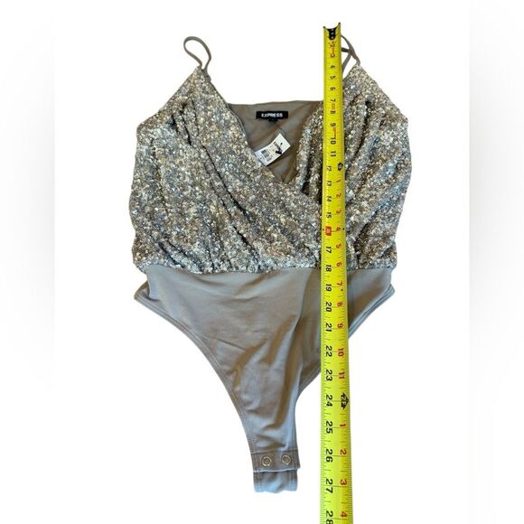 Express Silver Gold Sequin Bodysuit Fuax Wrap Adjustable Straps Womens Small NWT - Picture 13 of 14